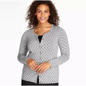 Talbots Pure Merino Wool Gray Black Polka Dot Crewneck Cardigan Sweater Office